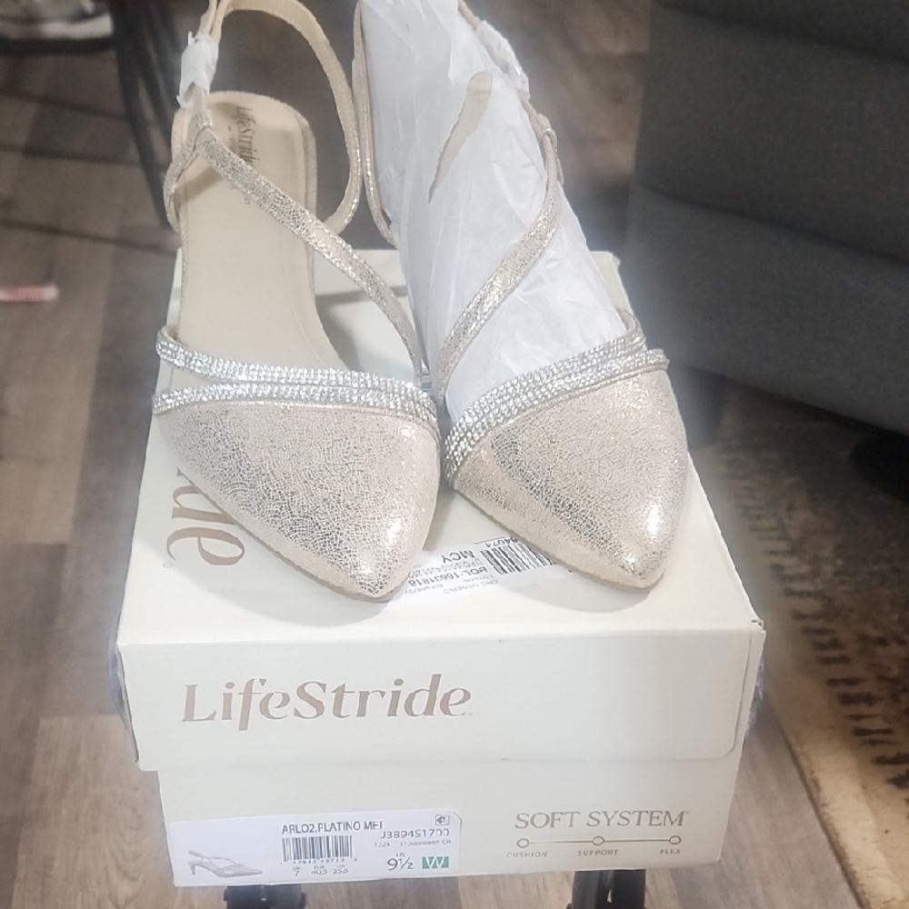 Life Stride Women's Metallic Gold Pointed Toe Flats with Rhinestone Strap